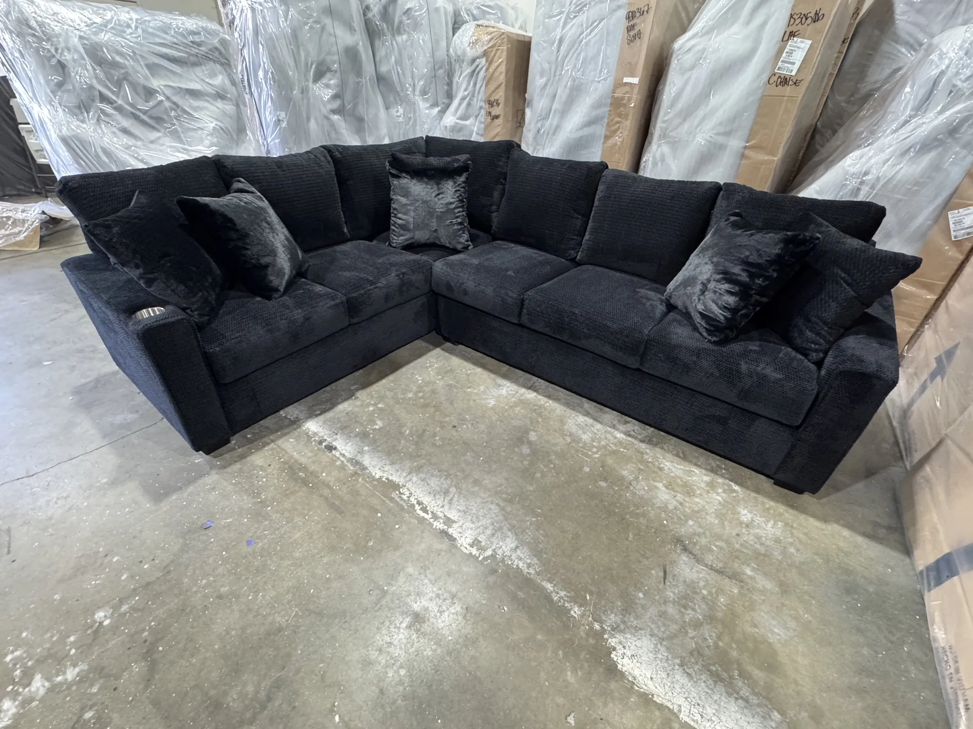 Custom black plush corner sectional