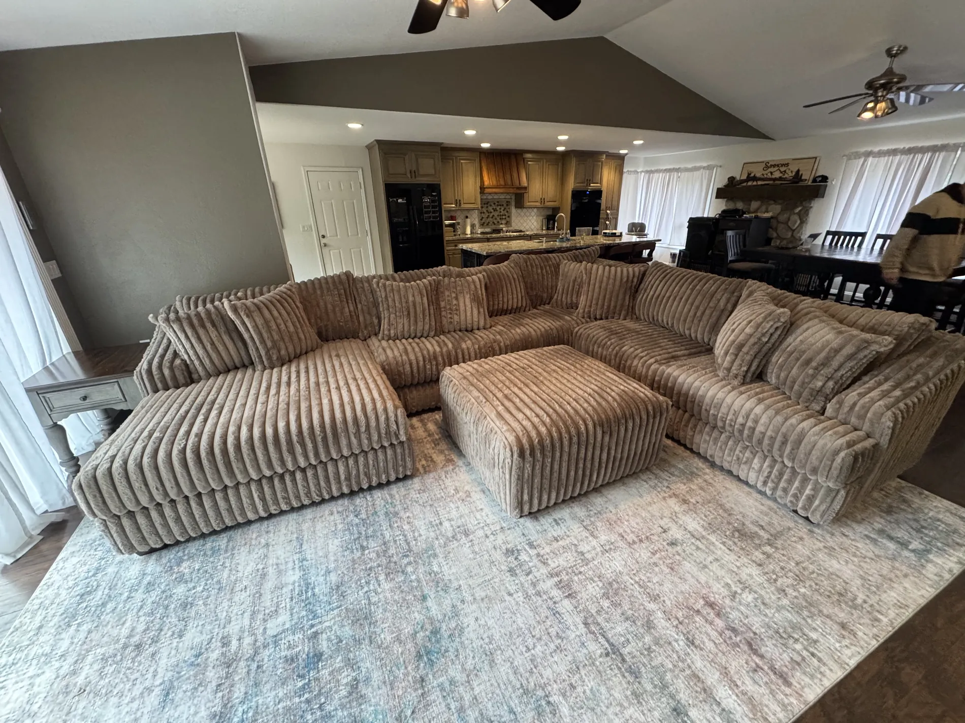 Custom mocha brown plush sectional with ottoman
