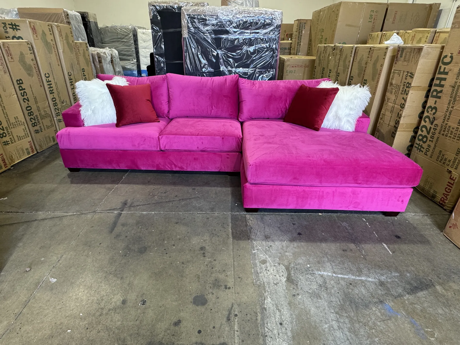 Custom blush pink plush sectional with chaise