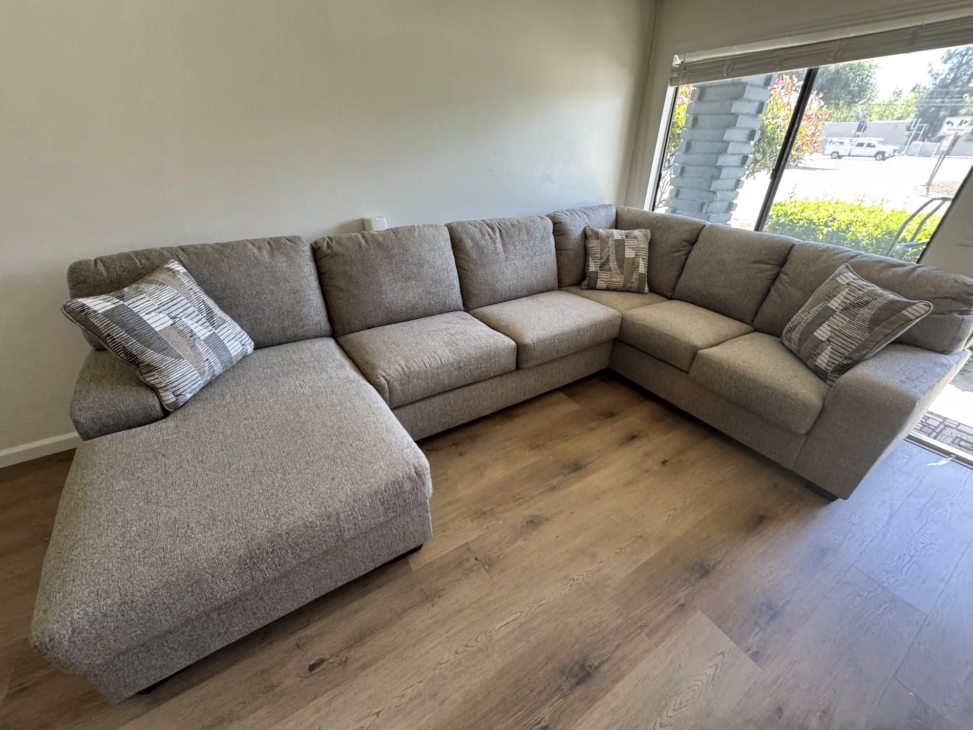 Grey sectional with chaise in a living room