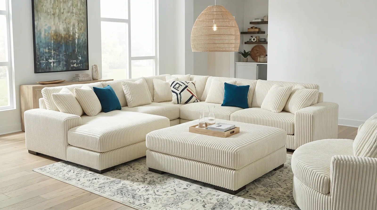 Cream plush corduroy cloud sectional styled in a bright living room — BriBri's Discount Mattress & Sofa, Sacramento